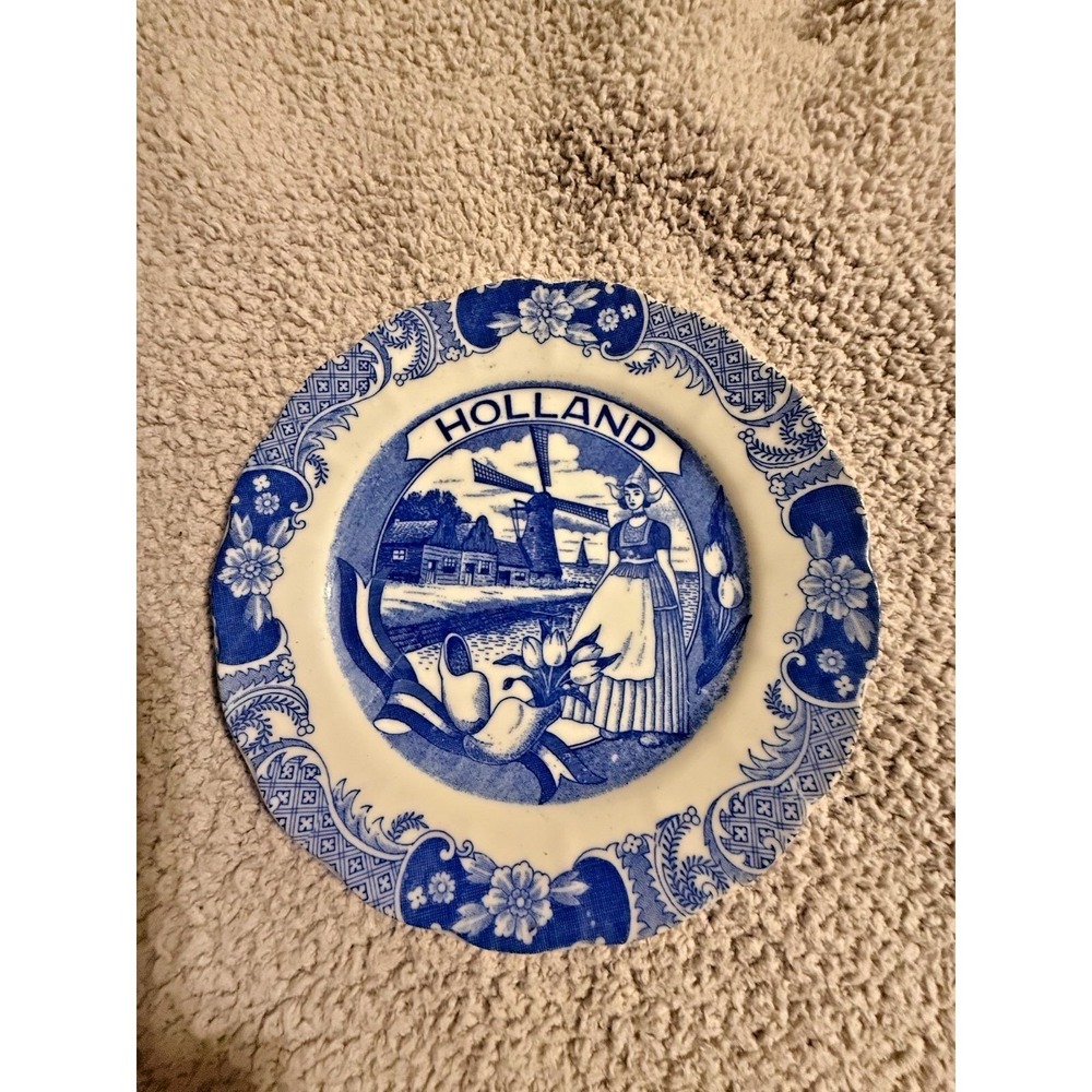 "Holland" Blue Plate with Girl, Windmill and Shoes Unmarked